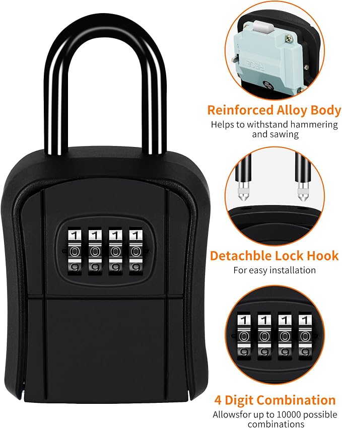 Portable Key Lock Box,Key Holder Safe Security Lock Box for Indoor, Outdoor, Garage, Garden, Store (1, Black)