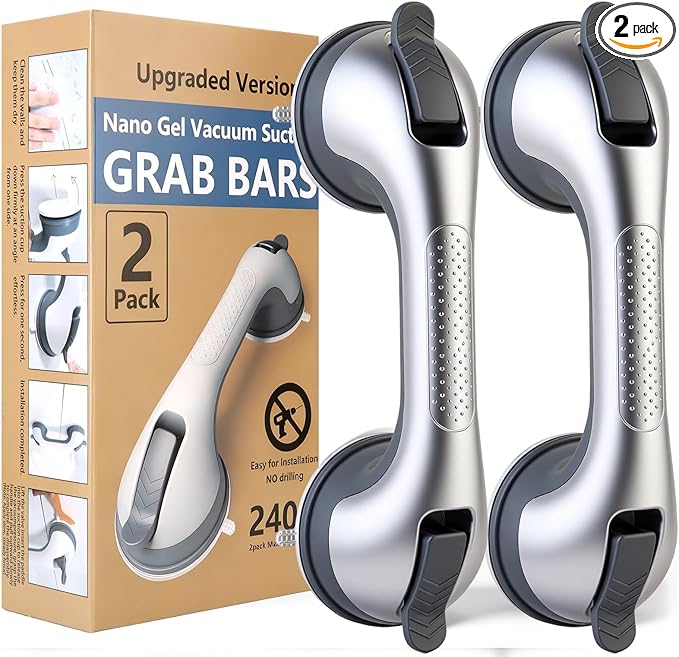 2 Pack Grab Bars for Shower Handle, Elderly Assistance Products, Seniors Removable Bar Safety, Suction Cup Handles for Bathtubs and Showers/Bathroom/Walls, Heavy Duty Handrails Grip,No Drilling Sliver