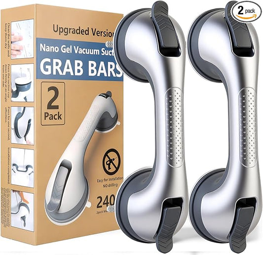 2 Pack Grab Bars for Shower Handle, Elderly Assistance Products, Seniors Removable Bar Safety, Suction Cup Handles for Bathtubs and Showers/Bathroom/Walls, Heavy Duty Handrails Grip,No Drilling Sliver