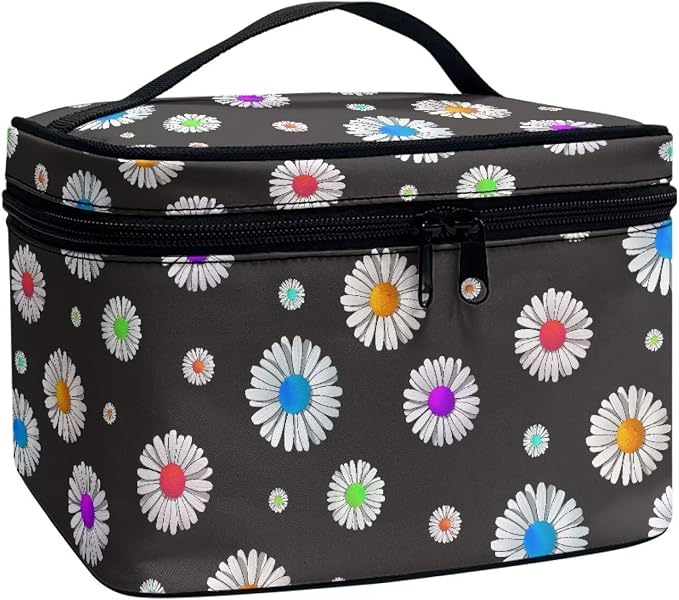 Color Daisy Flowers Makeup Bag Travel Cosmetic Bag Floral Organizer Toiletry Bag, Small Flower Pattern Make Up Bags with Compartments for Women