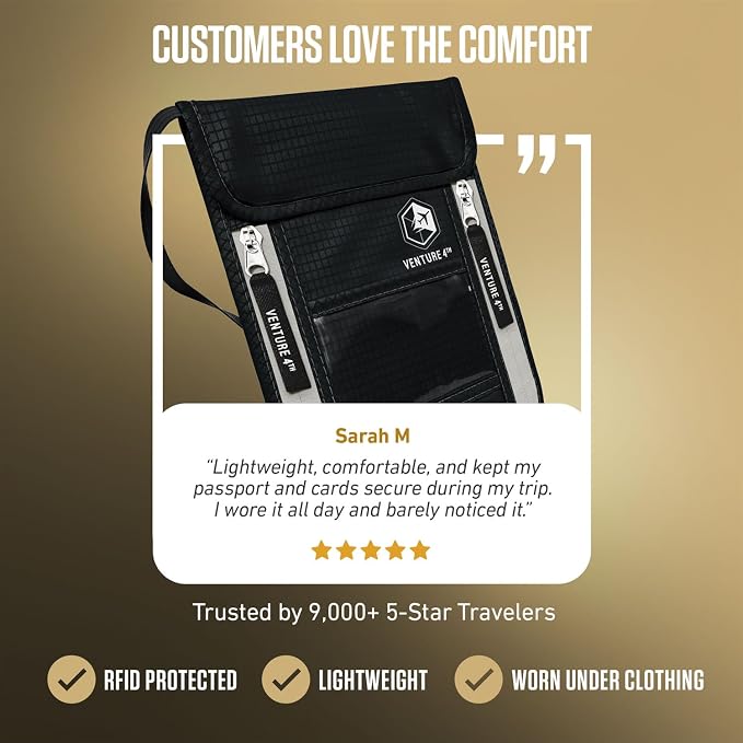 VENTURE 4TH Travel Neck Wallet, RFID Blocking Passport Holder - Black