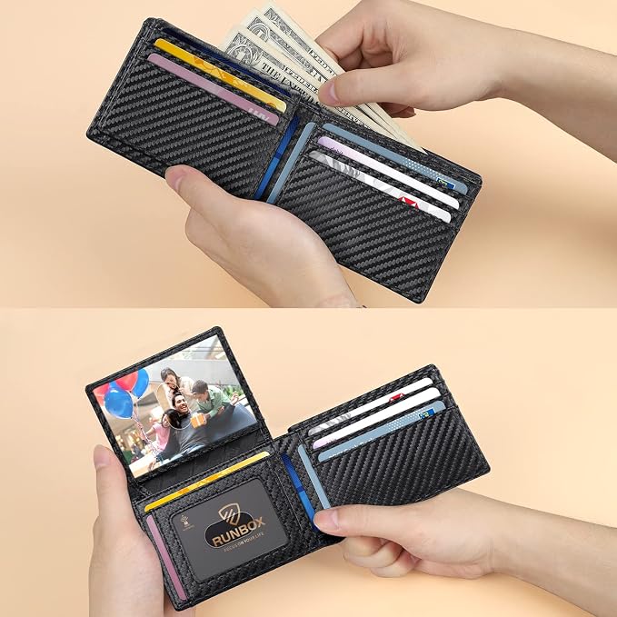 RUNBOX Wallet for Men -Slim Rfid Leather Mens Bifold Novelty Wallets 2 ID Window With Gift Box Men's Accessories | Minimalist Front Pocket Design, Holds 15 Cards, Large Capacity with Cash Pocket,Compact and Thin, Birthday Gifts for Men