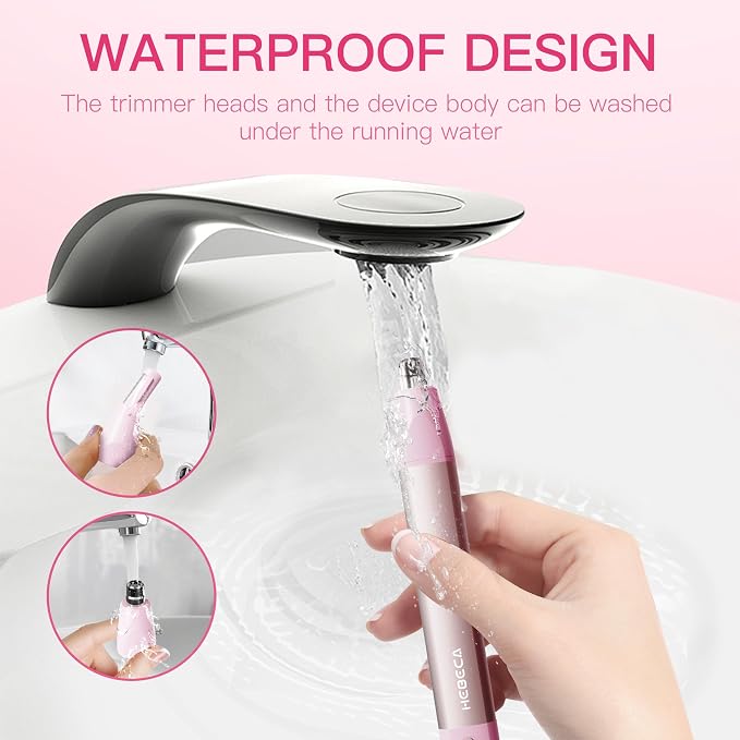 HEBECA Nose Hair Trimmer for Women 3in1 Facial Hair Removal Trimmer - Metal Body, Rechargeable, Waterproof, Portable - Nose, Ear, Eyebrow, Peach-Fuzz, Lips, Chin (Pink)
