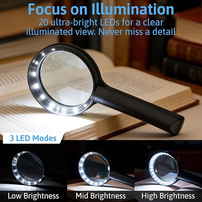 10X Magnifying Glass with Light, Upgraded Large 4.33" Handheld Illuminated Lighted Magnifier with 3 Light Modes for Seniors Reading, Coins, Jewelry, Close Work, Kids Nature Exploration(Black)