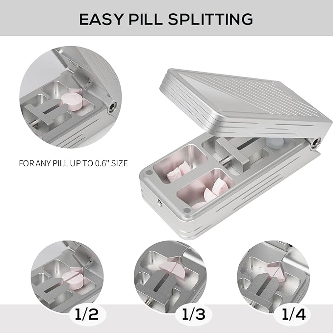 Pill Cutter for Small and Tiny Pills, Professional Aluminum Pill Splitter with Auto Centering Device and 2 Replaceable Stainless Steel Blades, Portable Pill Splitter with PU Case (Silver)