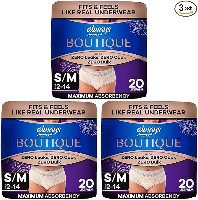 Always Discreet Boutique Incontinence and Postpartum Underwear for Women, Maximum Protection, Small/Medium, Rosy, 20 Count (Pack of 3)
