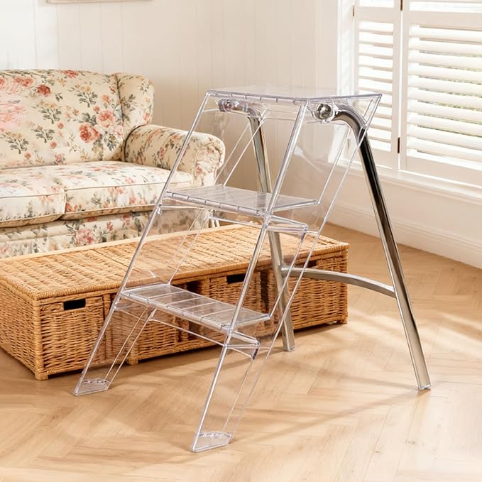 Acrylic 3 Step Ladder Folding Step Stool for Adults Foldable Small Step Stool Ladder for Kitchen Plastic Stepladder Modern Collapsible Ladder for Closet Home Bathroom Indoor (Transparent)