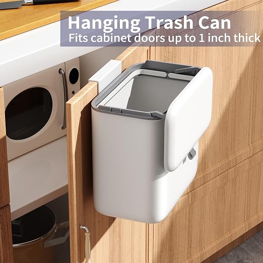 Compost Bin Kitchen for Countertop or Under Sink, 2.6 Gallon Hanging Small Trash Can with Lid, Garbage Can for Cabinet Door, Indoor/outdoor Food Waste Bin for Kitchen, Bathroom, RV, Office, White