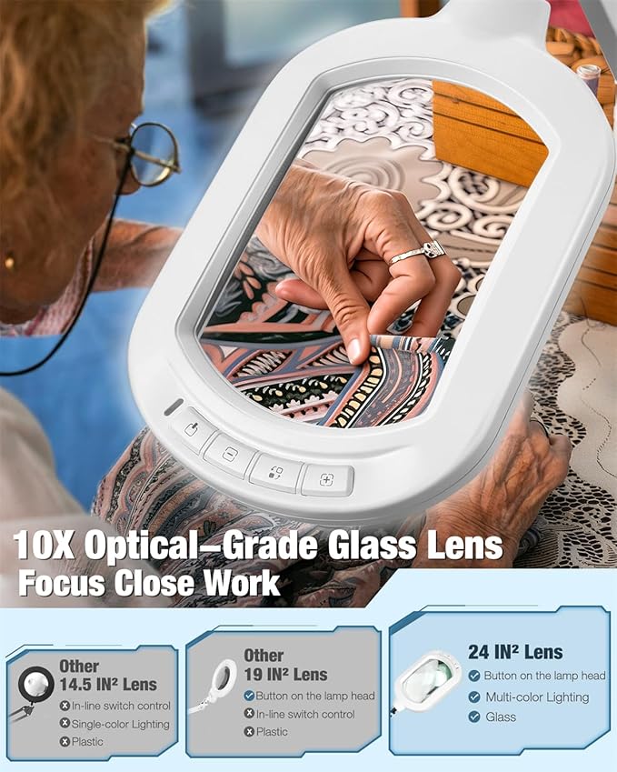 10X Magnifying Glass with Light and Stand, Large Rectangle Optical Glass Lens Floor lamp with 5 Wheels Rolling Base, 5 Color Modes LED Lighted Hands Free Magnifier for Reading Esthetician Facial Craft