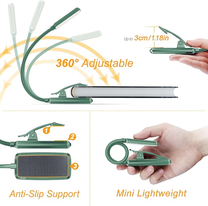 Gritin 9 LED Rechargeable Book Light for Reading in Bed | Eye Caring 3 Color Temps,Stepless Dimming Brightness,80 Hrs Runtime Small Lightweight Clip On Book Reading Light-Green