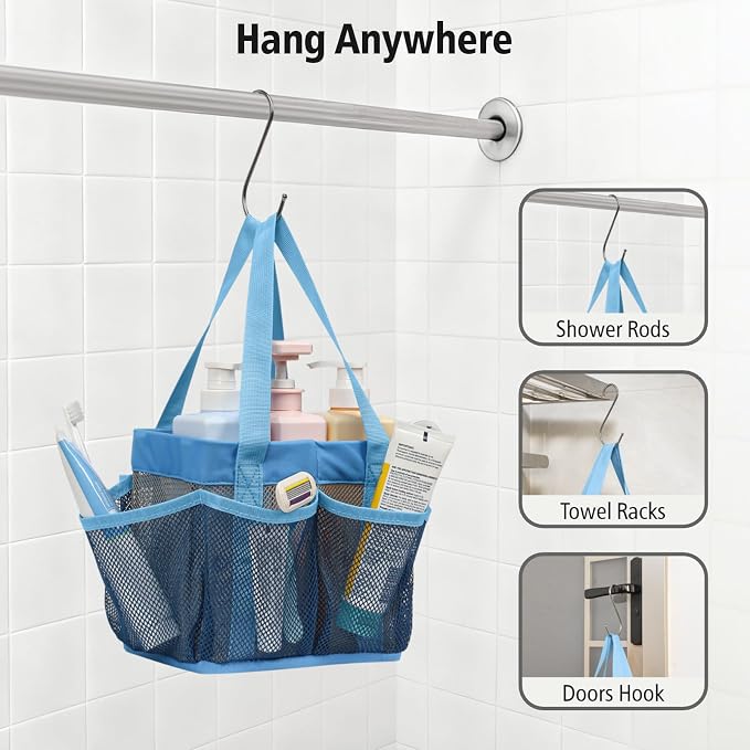 F-color Mesh Shower Caddy Portable - Stand Up 8 Pockets for Dorm, Blue | Stand Up Frame, S Hook, Collapsible Organizer, Mesh Shower Bag Bathroom Tote for College Dorm, Camping, Gym, Travel