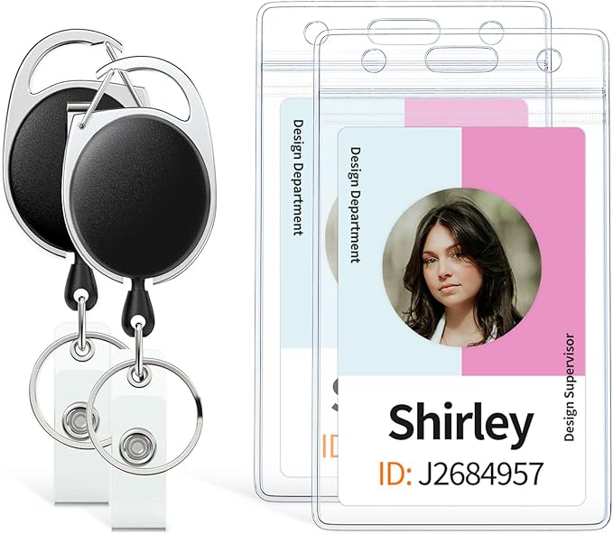 Uniclife 2 Pack Badge Holder Vertical Clear Plastic Case with Retractable Badge Reel Carabiner Clip Soft Waterproof Card Protector for IDs Credit Cards Proximity Cards Driver’s Licenses and Passes