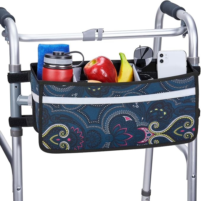 JOYTUTUS Walker Basket for Seniors, Basket for Walkers with Cup Holder, with Two Split Board, Foldable Walker Storage Bag, for Family and Friends, Navy (Not Fit Rollator Walkers)