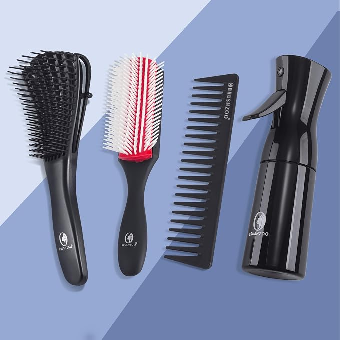BRUSHZOO Detangler Brush with Hair Spray bottle 9 Row Brush Wide Tooth comb, Hair Brushes for Women Men Kids Curly 3/4abc Hair (Red)