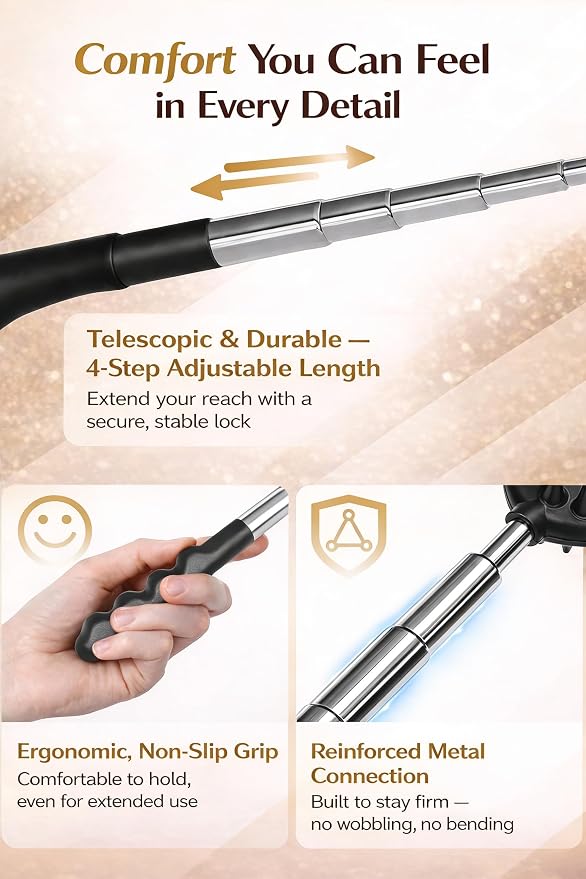 Gumry Telescoping Back Scratcher, 5 Detachable Heads, Gift for Men Black