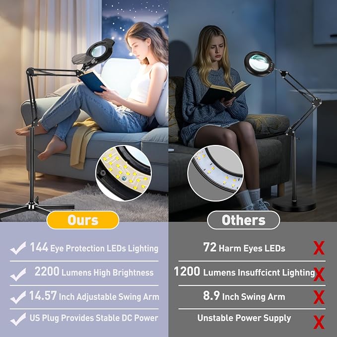 2200 Lumens Mag Lamp for Estheticians, 2-in-1 Magnifier Floor Light | 144 LED Stepless Dimmable, 10X Real Glass, 4 Wheel Rolling Stand Mag Lamp for Estheticians Facial Tattoo Craft Reading