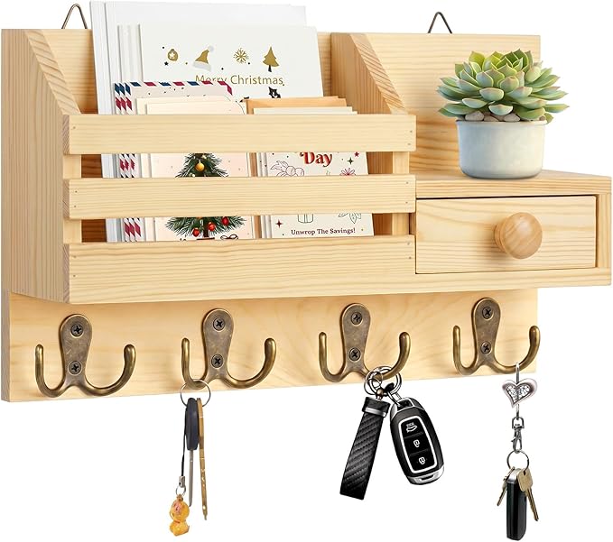 Key Holder Wall Mount, Wooden Key and Mail Organizer, Natural | 2 Mount Options, Includes 8 Hooks, Fence Mail Slot, Small Drawer and Shelf, for Entryway, Hallway, Doorway, Living Room, RV