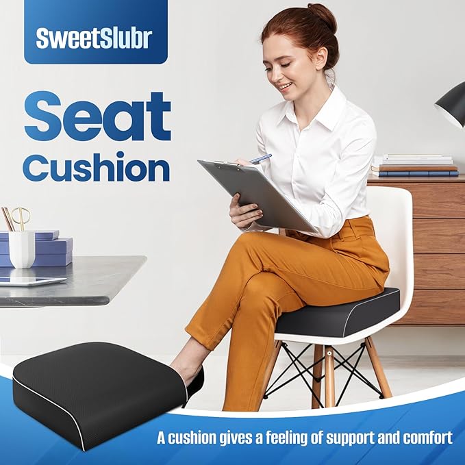 SweetSlubr Seat Cushion for Tailbone Pain Relief, Office Chair Cushion, Memory Foam Large Chair Pad with Non-Slip Cover for Soft Support at Office Chair, Car Seat, Airplane Black/XLarge