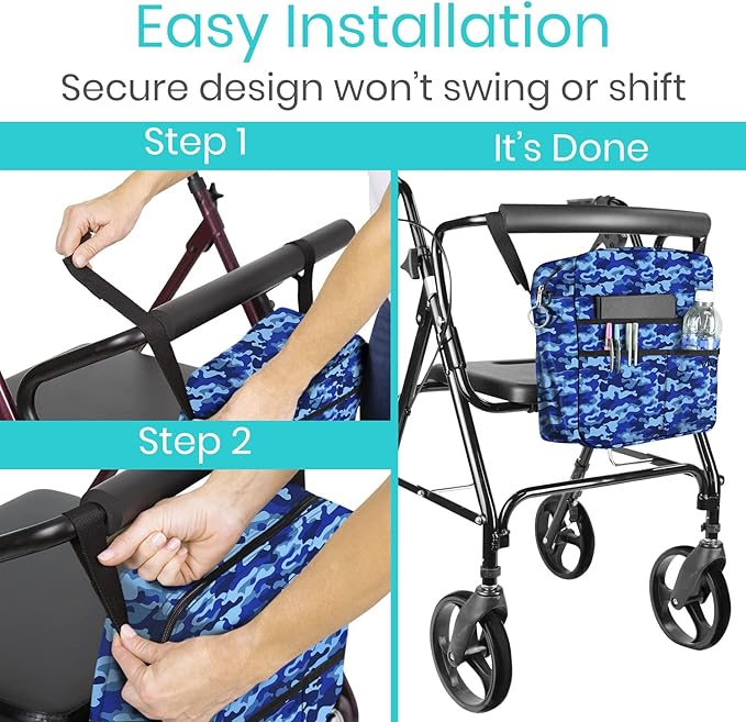 Vive Wheelchair Bag - Machine Washable, Double-Stitched, Water-Resistant Accessory Backpack for Rollators, Wheel Chairs, Walkers - Pouch with XL Pockets & Straps for Quick Installation