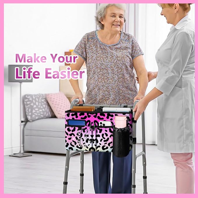 Rhino Valley Walker Bag, Multi Pockets Folding Walker Basket Tote Bag with Cup Holder, Hand-free Carry Pouch Storage Bag for Universal Walkers,Large Capacity Organizer for Seniors Elderly,Pink Leopard