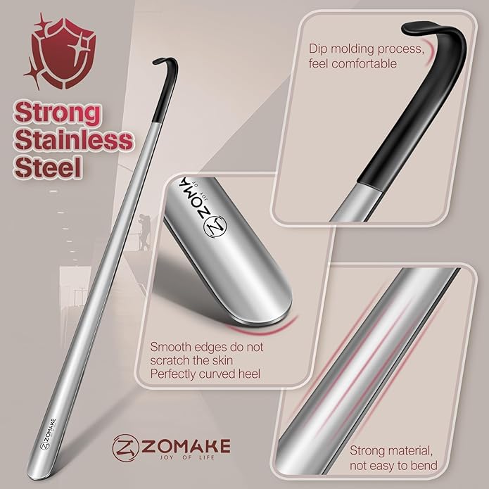 ZOMAKE Extra Long Shoe Horn for Seniors Men,Metal Shoehorn Long handle for Boots,Stainless Steel Shoe Spoon Helper
