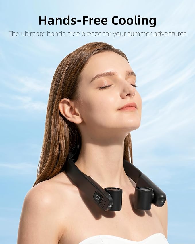 FrSara Portable Neck Fan that Blows Cold Air Rechargeable, Personal Battery Powered Cooling Device with USB TYPE-C, LED Display, Light, 3-Speed, 3000mAh, Ideal Present for Women, Men, Travel, Black