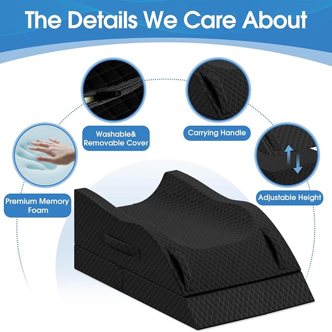 TranquilRelax Elevation Pillows for Leg After Surgery, Memory Foam Adjustable Wedge Pillow for Injury or Rest, Ankle Pillow for Sleeping Blood Circulation, Full Black/Double Leg