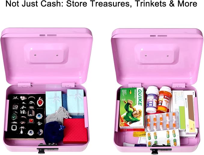 Jssmst Large Cash Box with Combination Lock - Durable Metal Cash Box with Money Tray, Light Purple (9.84 x 7.87 x 3.46)