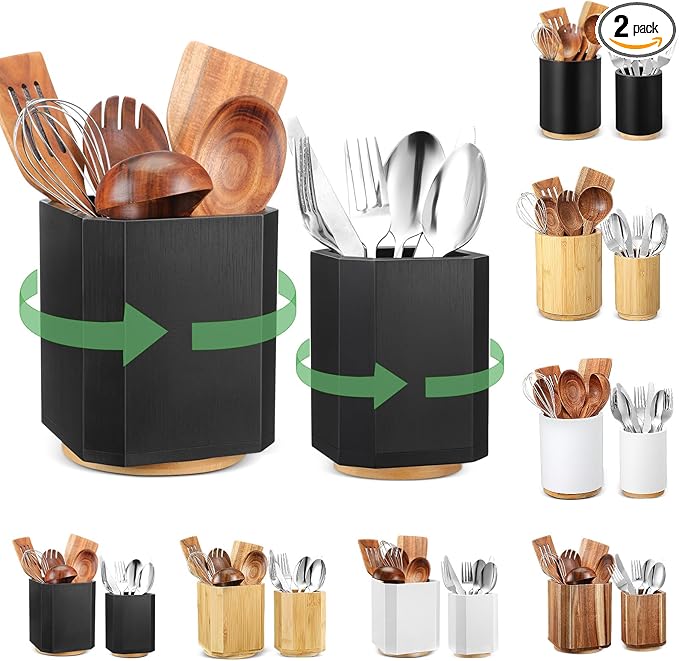 2 Pack Wooden Utensil Holder, 360°Rotating Kitchen Cooking Utensil Crock, Spoon Spatula Holder for Kitchen Counter, Farmhouse Countertop Organizer(Black,Square)