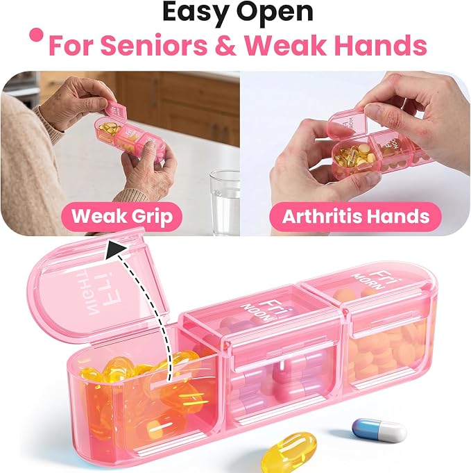 Pill Organizer 3X a Day, Medicine Pill Organizer 7 Day, Weekly Pill Case with 21 Compartments for Medicine, Vitamin and Supplement - Full Pink