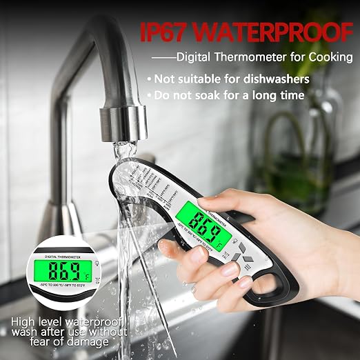 Cooking Thermometer，IP67 Waterproof Meat Thermometer Digital | Backlight，Magnetic attraction，Hold Function，Instant Read，LED screen，for Cooking,Outdoor Grilling