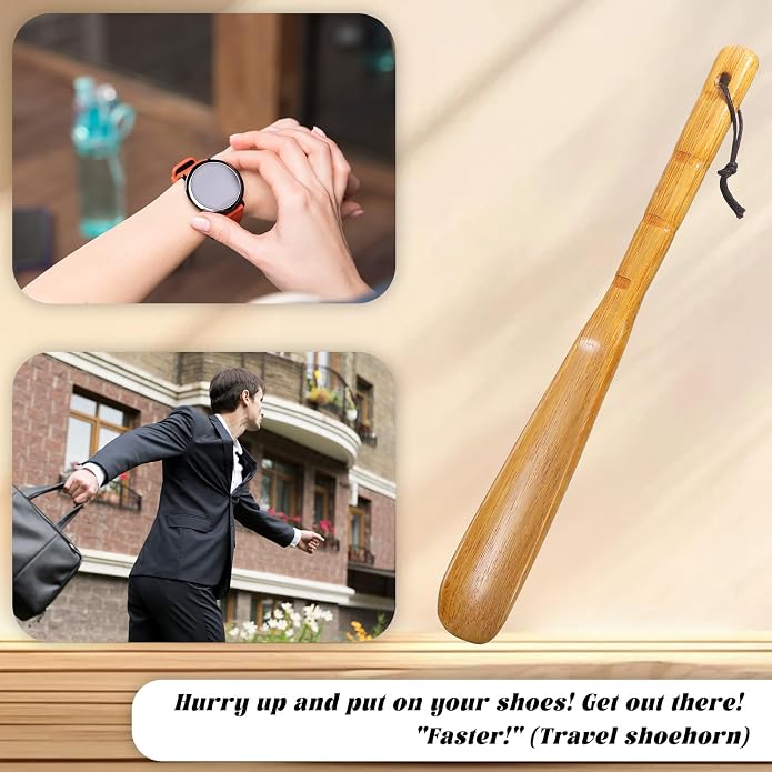 Wooden Shoe Horn 13'' Inch Long Handle Shoe Helper Spoons Retro Wood Shoehorn with Lanyard Shoes Stick Helper for Seniors Men Women