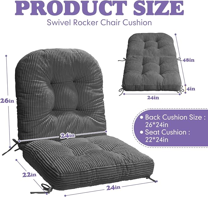 Swivel Rocking Chair Cushion, 48"x24"x6" Egg Chair Cushions with Corduroy Cover for Indoor/Outdoor Use,Waterproof and Fade-Resistant(Grey)