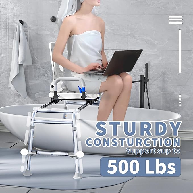 Sliding Shower Chair Swivel Tub Transfer Bench with Backrest with Non Slip Suction Cups 400lbs
