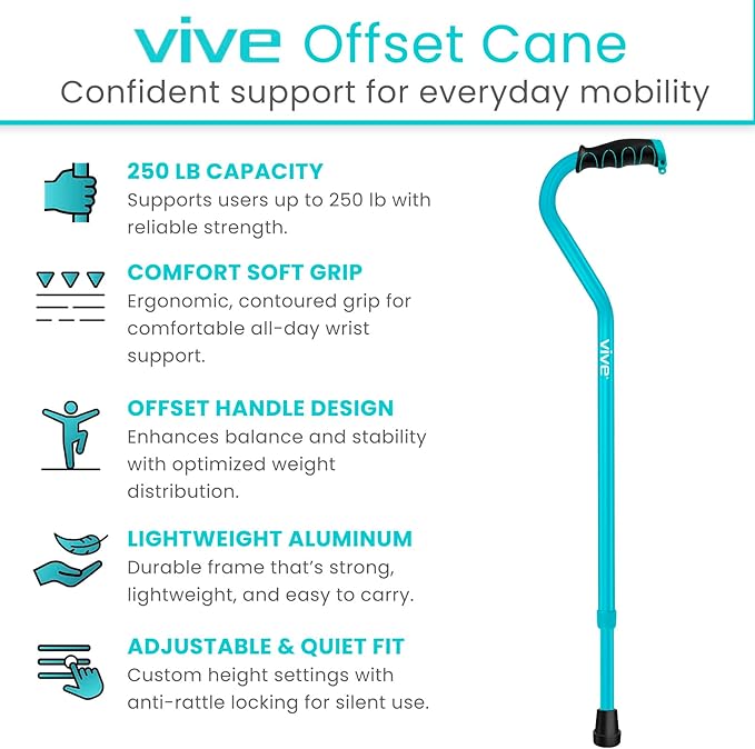 Vive Walking Cane for Women, Men, Elderly - Patented Offset Grip - Lightweight Adjustable Walking Aid with a Non-Slip Tip - Sturdy Balancing Mobility Aid for Seniors