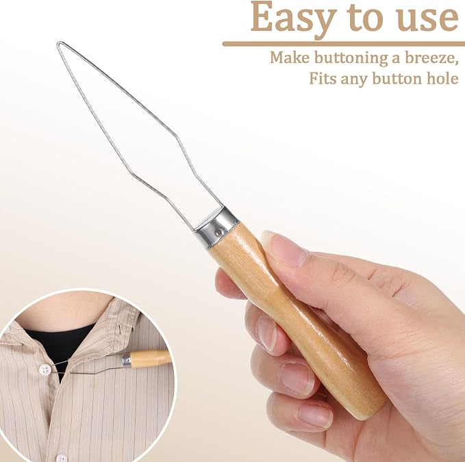 3 Pcs Easy Button Hook Comfort Wide Grip Button Assist Device Buttons Helper Tool with Easy Grip Wooden Handle Buttons Hook Assist Device for Limited Dexterity Caused