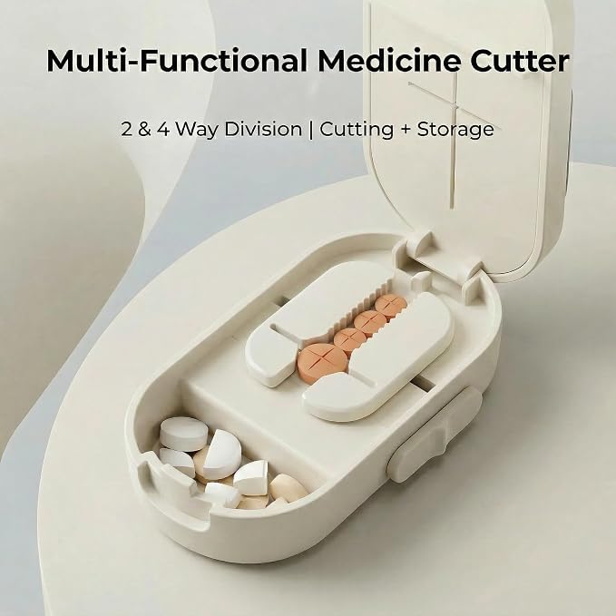 Pill Cutter for Small Tiny Large Pills, Accurate 1/2 & 1/4 Tablet Splitter with Safe Hidden Stainless Steel Blade, Easy Slicer for Vitamins and Medications