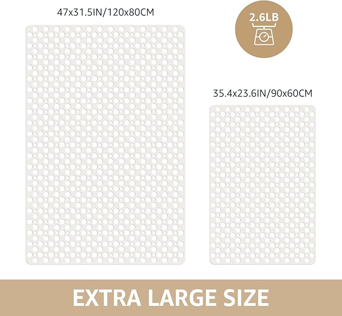 OTHWAY Large Shower Mat, 35"x 24" TPE Anti Slip Shower Mat, Heavy Bath Mats for Shower with Drain Holes Suction Cups, Shower Stall Mat for Bathroom, No Odor Shower Grip Mat for Elderly Kids(W-White)
