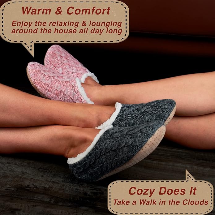 cosyone1997 2-Pair Thick Warm Fuzzy Slippers for Women Indoor Fluffy Sherpa Lined, Winter House Shoe Socks Non-Slip Soft Soles, Cozy Christmas Gifts