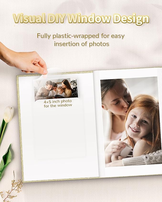 Artfeel Photo Album 4x6 with 100 Pockets,Slip-in Picture Albums,Linen Cover Memory Book with Front Window,White Page Vertical Photo Book for Wedding,Family,Anniversare,Baby,Vacation