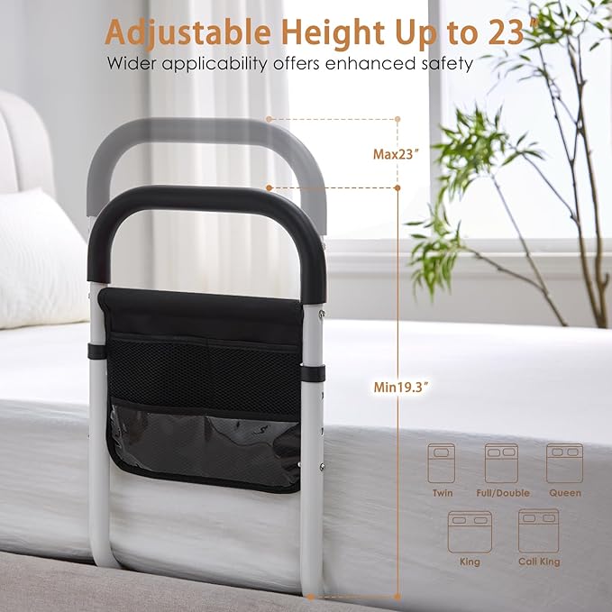 Bed Rails for Elderly Adults Safety, Bed Assist Rails for Seniors, Double Stabilizer Bars Design with Storage Pocket & Fall Prevention Guard, Fits King, Queen, Full, Twin Bed(with Light)