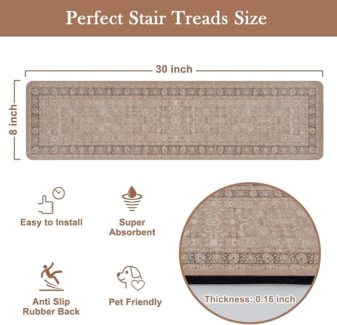 OJIA Vintage Stair Treads for Wooden Steps Indoor 15PCS 30"x8" Stair Runner | Non-Slip Carpet Stair Treads Mats Staircase Step Treads for Kids, Elders and Dogs, Rubber Stair Covers