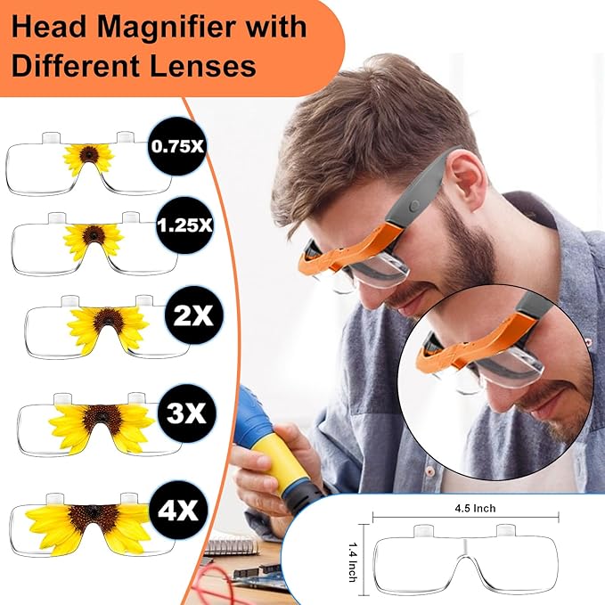 Magnifying Glass with Light Hands Free, Rechargeable Magnifying Glasses Headset with 5 Detachable Lenses Magnifier for Close Work, Reading, Jewelry Making Crafts (Orange & Gray)