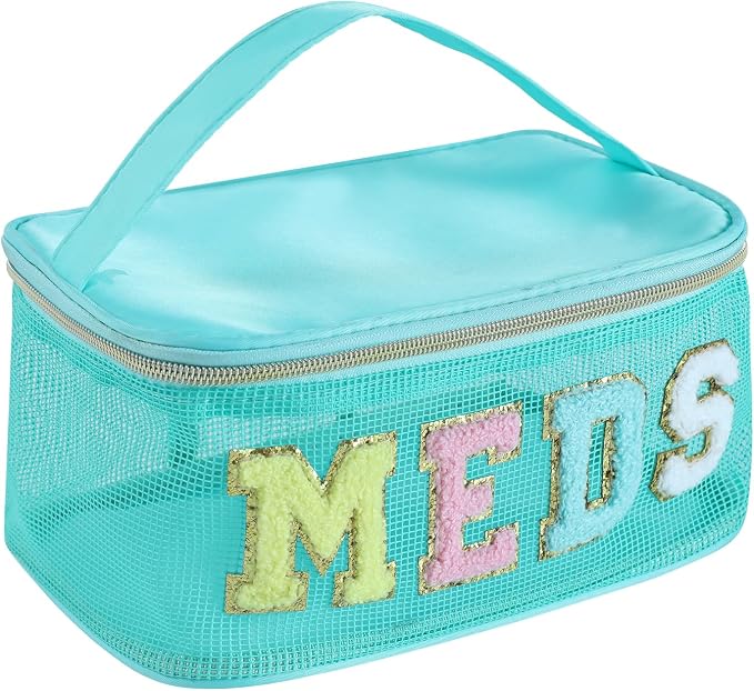 Medicine Bag, Portable Meds Bag with Chenille Letters, Breathable Mesh Makeup Bag Organizer for Travel, Pill Storage & Cosmetic Collection