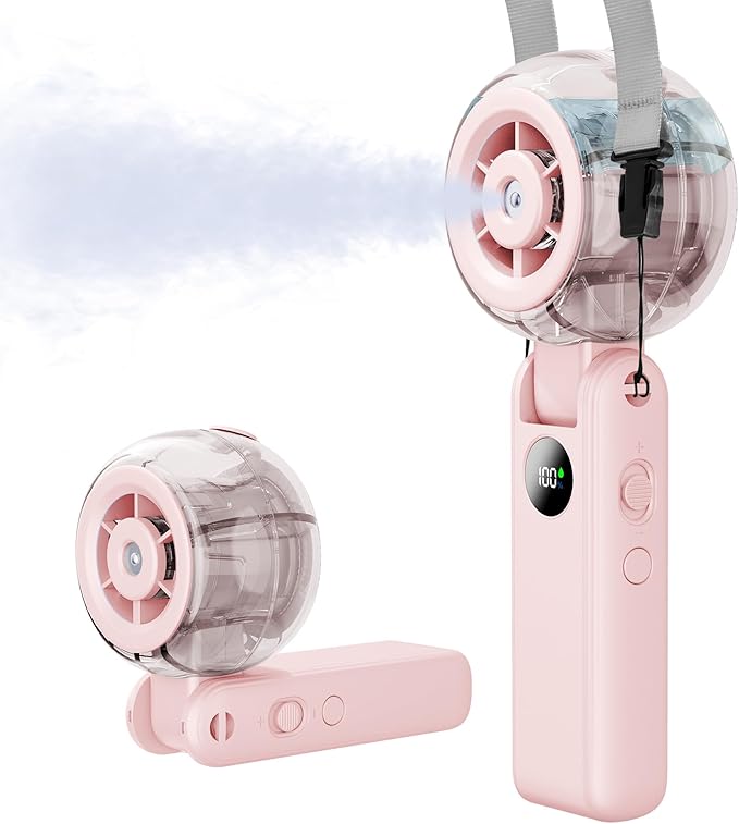Portable Handheld Misting Fan, Personal Fan that Blow Cold Airflow | USB Rechargeable, LED Display, 100 Speeds, 155° Foldable, Small Neck Fan for Outdoor Travel, Beach, Makeup, Gifts for Women