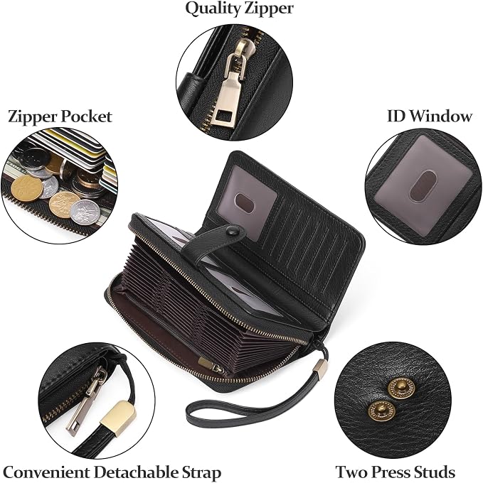 GAEKEAO Leather Credit Card Holder Wallet for Women RFID Blocking Large Capacity Bifold Zipper Card Case Organizer with Wristlet 45 Slots