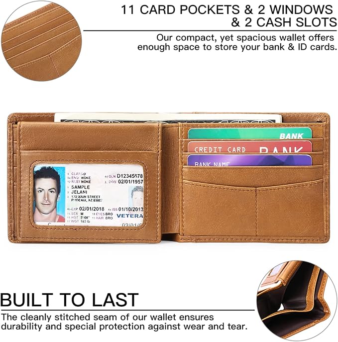 Wallet for Men Genuine Leather RFID Blocking Bifold Wallet With 2 ID Windows (Khaki)