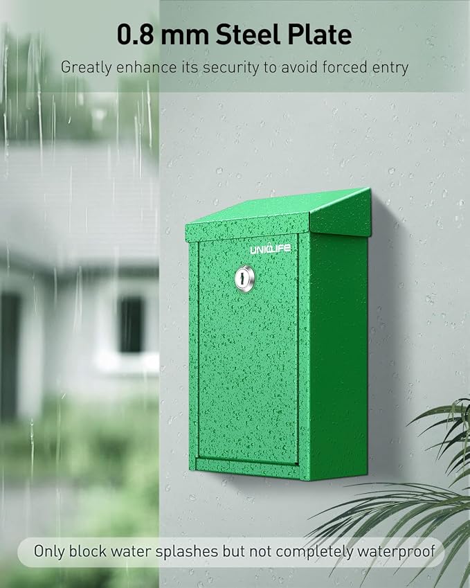 Uniclife Green Metal Donation Box, Wall Mounted Mailbox for Outside | Safe Suggestion Box with Key Lock, Steel Key Drop Box for Outside, Cash Box for Home Office and Business
