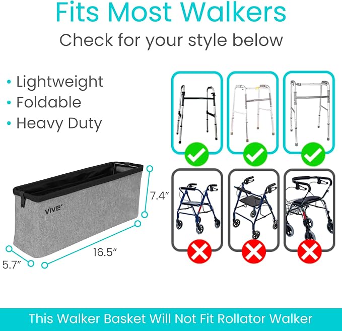 Vive Walker Basket Accessories Bag - Tray for Folding Walker with Water Cup | Holder & Pockets - Universal Large Capacity Storage Container for Seniors, Elderly - Storage Mobility Aid Pouch (Gray)