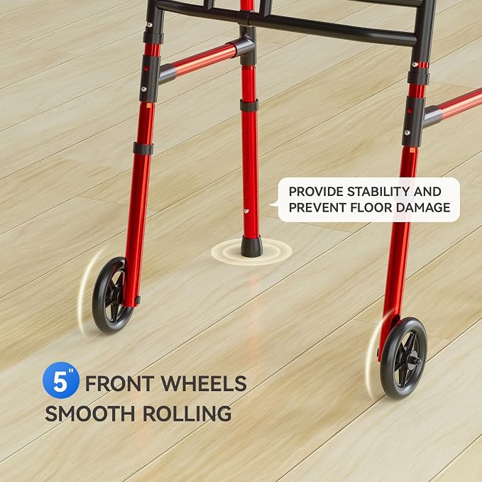 Loyoda Folding Walkers for Seniors Adjustable Aluminum Front Wheel Walker | 5" Wheels, Trigger Release Folding, Height & Width Adjustable, Lightweight Standard Walker, 350 lbs Capacity, Red